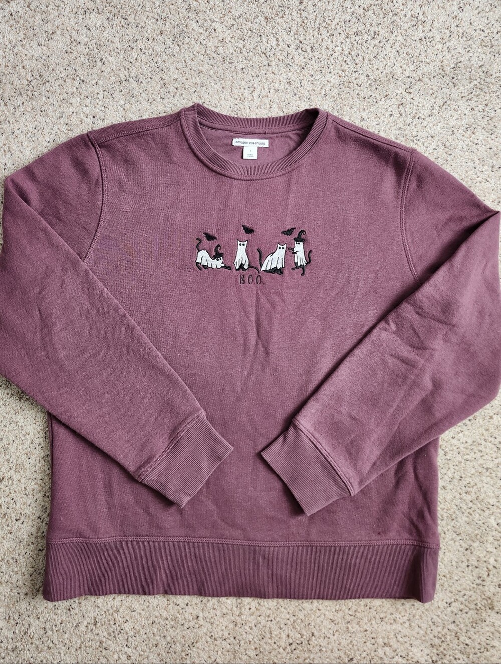 Amazon Essentials Mauve Crewneck Sweatshirt with Ghost Cat Embroidery
